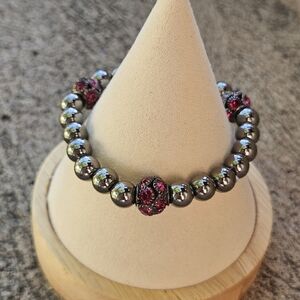 Chic Metallic Dark Grey Hematite and Pink Beaded Bracelet Women's Jewelry